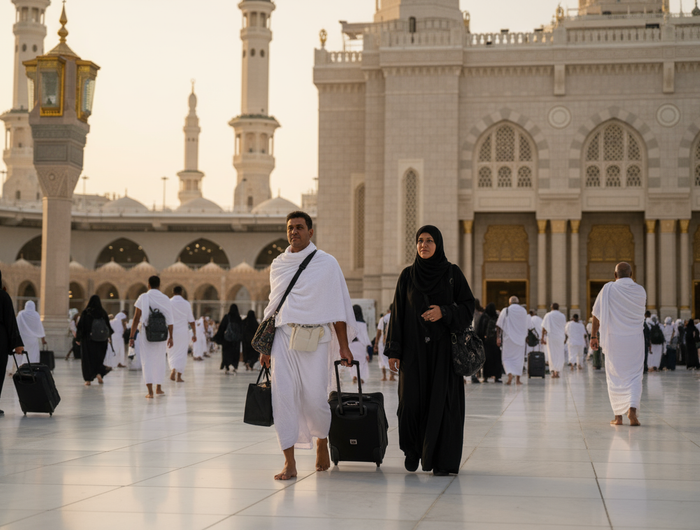 2 pilgrims walking in makkah al haram with luggages